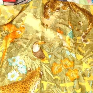 100% silk Salvatore Ferragamo Safari series parrots and leopards jungle print.
